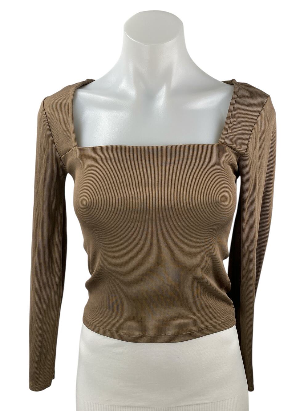 Stradivarius Women's Brown Square Neck Rib Knit Long Sleeve Crop Shirt Top Sz S